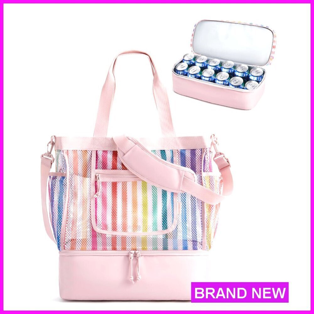 Mesh Tote Bag with Zipper Cooler, Sandproof Beach Bag for Pool Vacation